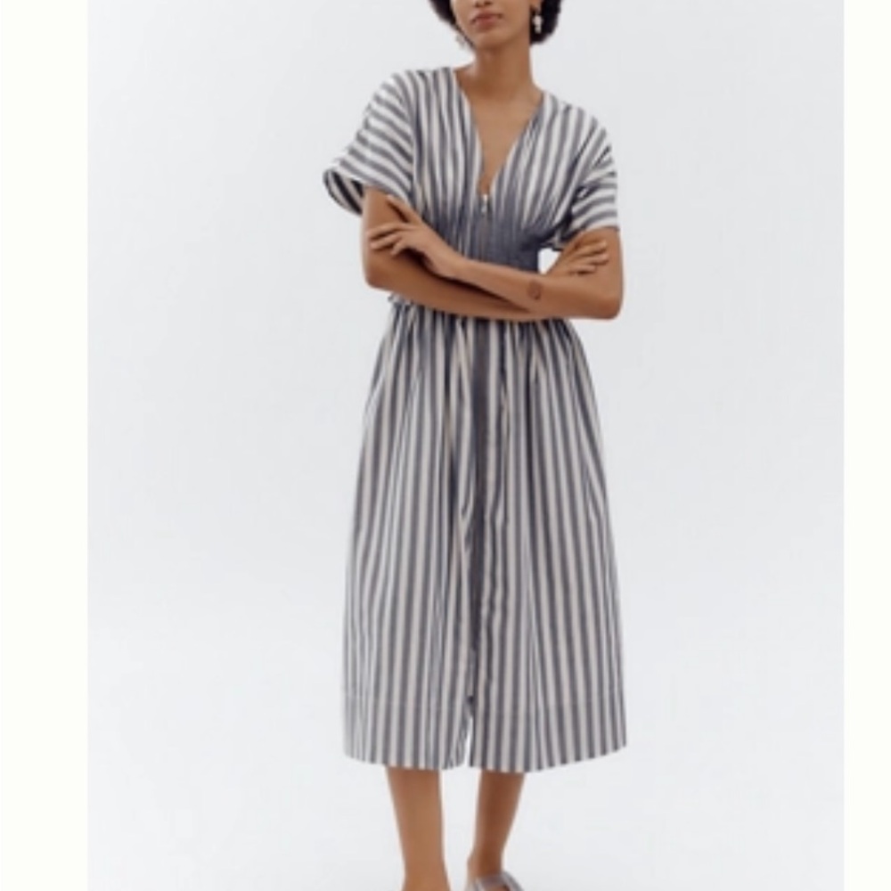 Anthropologie Gray and White Striped Midi Dress